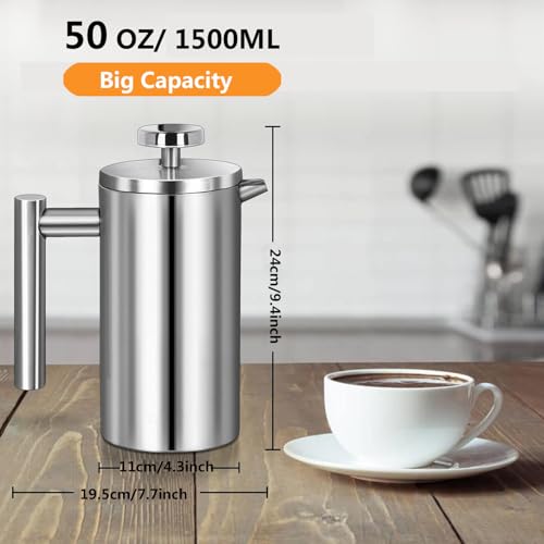 Image of Stainless Steel French Press Coffee Maker 1500ml, Double-Wall Insulated Large French Coffee Press for travel camping,Large Capacity, (50oz, Silver)