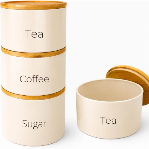 SAFRI 3 Pieces Jar with Wooden Lid Tea Coffee Sugar Canister Storage Container Bowl Pots Kitchen Storage Tins (Cream)