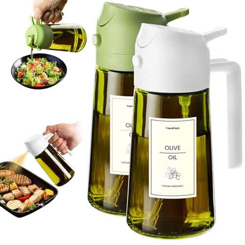 TrendPlain - 16oz Olive Oil Dispenser for Kitchen - 2 in 1 Olive Oil Dispenser and Oil Sprayer - Olive Oil Dispenser Bottle w/Stickers - Olive Oil Sprayer for Cooking 2Pcs White&Green (Light Blockage)