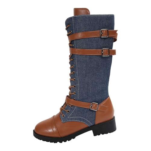 Xbemkste Bottes longues pour femme avec fermeture éclair latérale - Vintage - Bottes à lacets - Bottes d'hiver confortables - Bottes western élégantes, bleu foncé, 36 EU