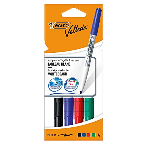 BIC Velleda 1741 - Rotuladores de pizarra blanca, punta media (4.5mm), caja de 4 unidades, colores surtidos