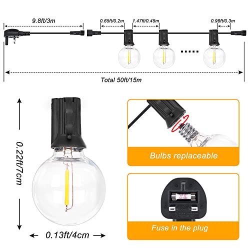 DSLebeen Festoon Lights 50ft LED String Lights Mains Powered with 27+3 Plastic G40 Bulbs 2700K Connectable for Decorative Lighting on Cafe, Wedding, Party - Image 5