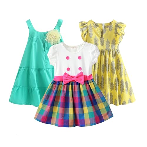 ABALACOCO Toddler Girl Summer Dresses Cotton Short Sleeve Floral Outfit,Casual Multicolor,3Pack for School Casual & Outdoor