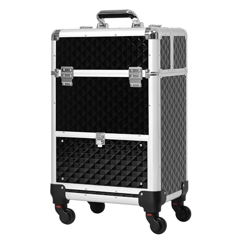 HOMCOM Maleta de Maquillaje Profesional con Cajón Maletín de Maquillaje con Ruedas para Viaje Trabajo 34x25x62 cm Negro