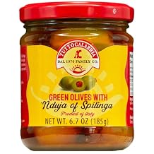 TuttoCalabria Green Olives Filled with Nduja Spread, 6.7 oz Authentic Italian Appetizer, Spicy Gourmet Olives, Made in Calabria, Italy