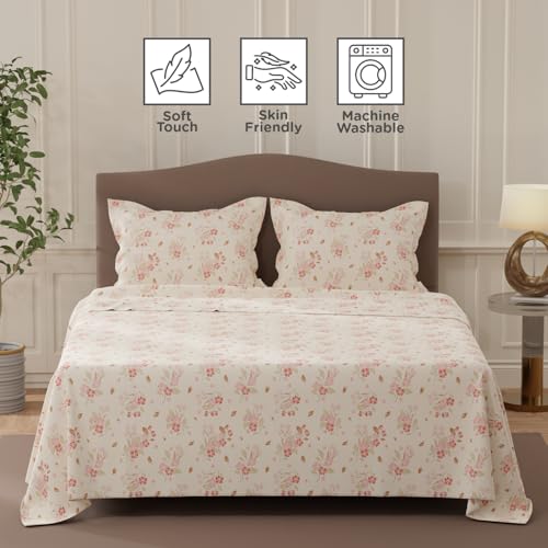 Image of Layers 100% Cotton Bedsheet for Double Size Bed | Lumina Floret Collection | 144 TC Soft & Breathable | Floral Print with 2 Pillow Covers | Wrinkle Free & Colorfast | 3 Piece Bedding Set - Pink
