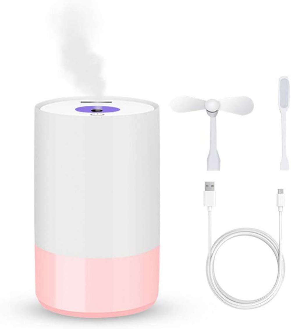 Portable USB Air Humidifier Essential Oil Diffuser Aroma Diffuser Cool Mist Ultrasonic Humidifier with Fan and Night Light (Pink)