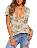 Zeagoo Women's Tops Deep V Neck Short Sleeve Summer Sexy Tees Low Cut T Shirt Trending Clothing Beach Vacation, SP31 M