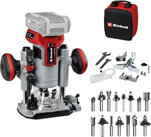 Einhell Professional Akku-Oberfräsen-Kantenfräse... TP-RO 18 Set Li BL-Solo Power X-Change (18 V, Brushless, Frästiefen-Feineinstellung, inkl. Zubehör, Tasche, 15 tlg. Fräser-Set, ohne Akku)