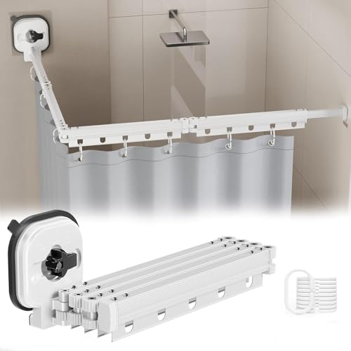 Opvouwbare douchegordijnstang met zuignap, verstelbare 5-voudige douchestang met gordijn (1,8 x 2 m), gordijnringen, wandgemonteerde hoekdouchegordijnstang voor badkamer zonder boren (wit, 4-voudig)