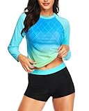 Daci Women Blue Gradient Two Piece Rash Guard Long Sleeve Swimsuits UV UPF 50+ Swim Shirt Bathing Suit with Boyshort Bottom M