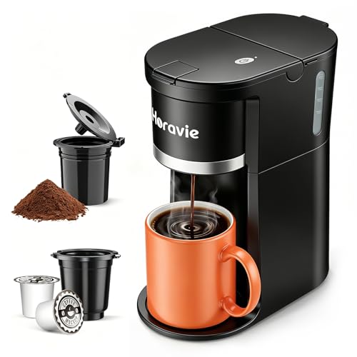 Horavie Small Single Serve Coffee Maker, Fast Brew One Cup Coffee Machine for K Cup and Grounds, 6...