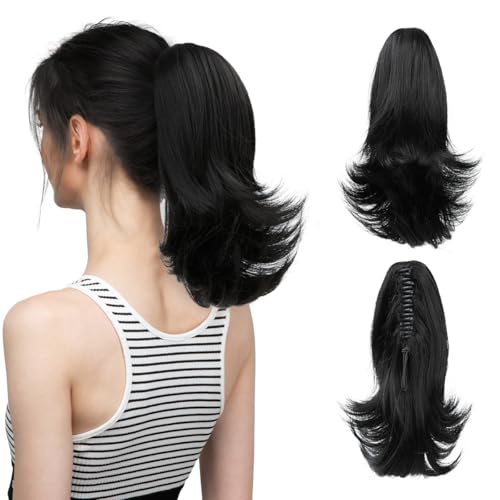 CJL HAIR Claw Clip Ponytail Extension Drawstring Black Short Curly Wavy Fake Faux Pony tails 12 Inch Synthetic Heat Friendly Fiber Hair Pieces for Womens