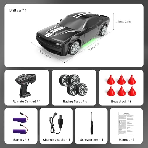 Remote Control Car RC Drift Car 2.4GHz 1:20 Scale 4WD 20KM/H High Speed Remote Control Cars Vehicle with LED Lights Drifting Tire 2Pcs Rechargeable Batteries Toy Cars for Adults Boys Girls (Black)