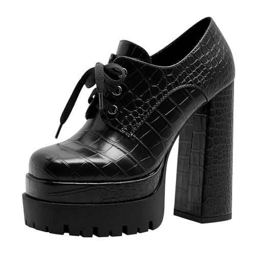 Women's Platform Pumps Round Toe Lace Up Oxford Shoes 15cm/6 inch Chunky Heel Ankle Booties