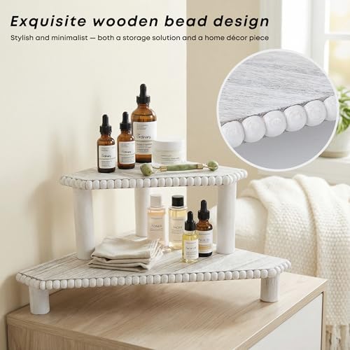 MITREL 2-Tier Rustic Corner Shelf for Kitchen Counter,Wood Beaded Farmhouse Countertop Organizer with Removable Feet, Stackable Bathroom Vanity & Coffee Bar Decorative Riser Stand(Rustic White) by MITREL - Used condition - Image 2