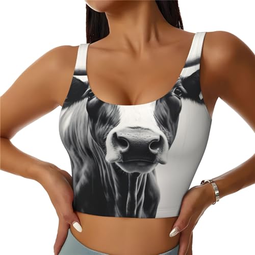 ZXERTG Camiseta deportiva sin mangas con estampado de vaca en blanco y negro, alto apoyo, ideal para entrenamientos de alto impacto, yoga y correr, Negro, XXL