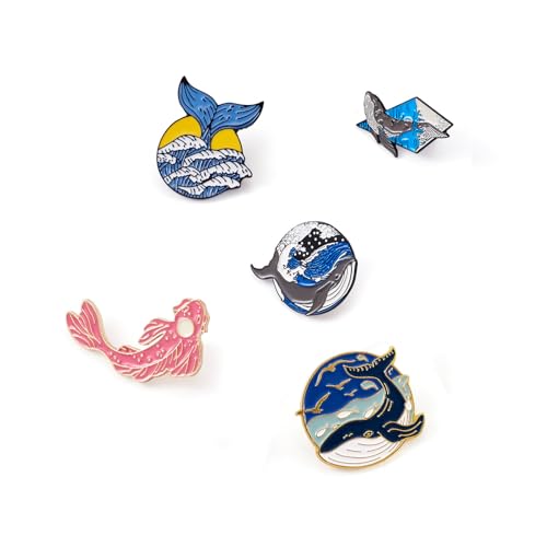 Image of 12pcs Whale Dolphin Enamel Pins Set Fish Shark Sea Wave Adventure Zinc Alloy Lapel Brooch Novelty Cute Badges for Clothing Backpack Decorative Findings