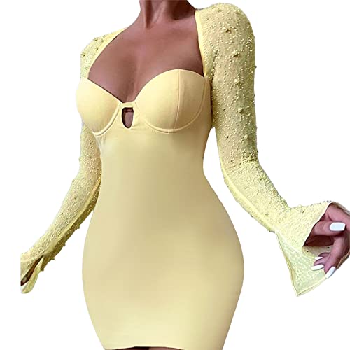 Women Pearls Long Sleeve Bodycon Dress Low Cutbackless Party Dress Slim Fit Club Streetwear (Yellow, L) #TOP4
