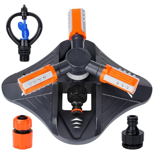 Garden Sprinkler Automatic 360° Rotating with Quick Connectors, 3 Adjustable Arms Covers 3600 Sq Ft, Spray Distance 32-49 Ft, ABS & Rust-Resistant for Lawn Garden Watering