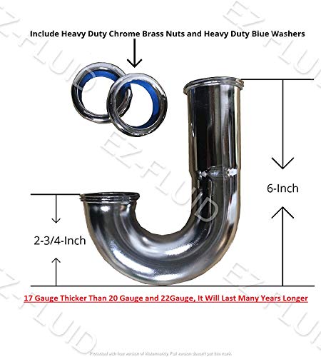 EZ-Fluid 1-1/2\" Heavy Duty 17 Gauge High Profile Sink Trap J Bend Thick Brass Tubular w/Brass Nuts, High Inlet J Shape for Sink Drain P-Trap Kit Chrome