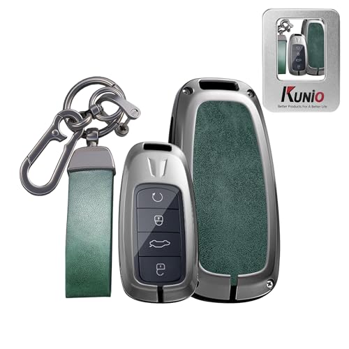 for Chery Leather Metal Car Key Fob Cover Case Fit for Chery Omoda 5 C5 Tiggo 7 Pro Max 8 Plus Arrizo 5 Plus Jaecoo J7 J8 PHEV 2025 2026 Ruigu 9 Key Holder Accessories 4 Button Green-Long Keychain