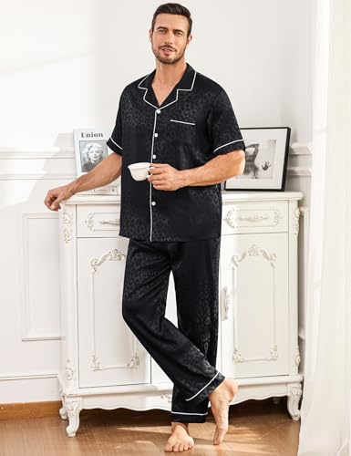 Image of SWOMOG Mens Silk Pajamas Set Satin Pj Set Short Sleeve Sleepwear Button Down Lounge Set with Drawstring & Pockets S-3XL