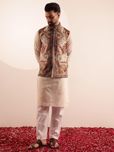 Image of SOJANYA Men's Cotton Silk Cream Kurta & White Pyjama With Velvet Paisley Design Nehru Jacket