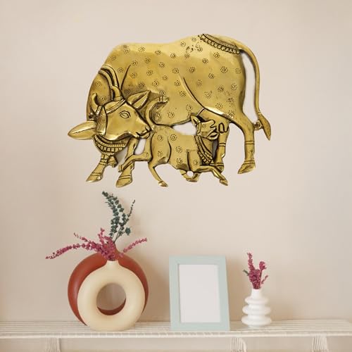 Image of Spillbox Brass Kamdhenu Cow Pair Wall Hanging |Vastu Gau MATA Statues Wall Hanging for Home |Living Room|Door Hanging Decor|Statue Sculpture for Home&Office- Brass Kamdhenu