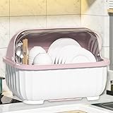 Plastic Dish Drying Rack with Cover for Kitchen Counter, Kitchen Organizers and Storage Rack with Drainboard, Dish Dryer Tray Drainer, Holder Utensil Storage Box, Space-Saving Cabinet (Pink)