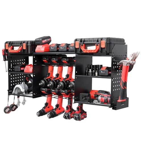 ERVNYNT 3 layers power tool organizer Loads 150lbs with 8 Cordless Drill Holder and 8 Outlet Power Strip,it’s good choice for husband birthday gift,black