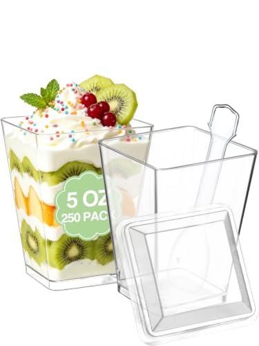 SHOPDAY 5 oz Plastic Dessert Cups 250 Pack, Parfait Cups with Lids Spoons