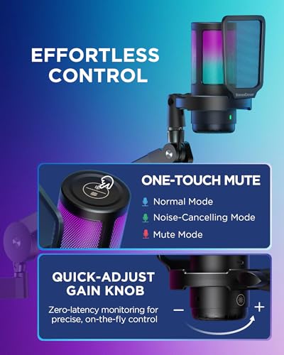 InnoGear USB Gaming Microphone Set, Noise Cancellation Condenser Mic with Boom Arm RGB Mute Headphones Jack for Streaming Podcasting Recording Vocal PC Computer YouTube Discord PS4 PS5, Black - Thumbnail 6