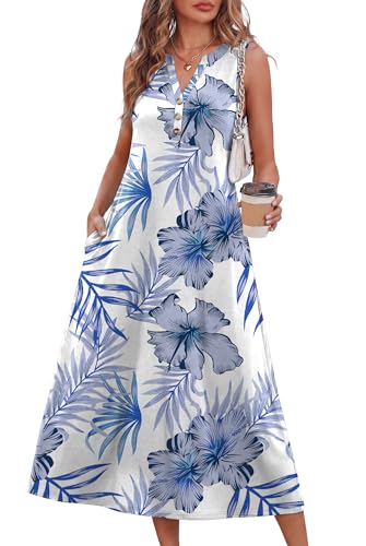 OFEEFAN Summer Dresses For Women Beach Vacation Clothes Cruise Resort Wear Outfits 2026 Sun Dress Flowy Midi Maxi Dresses For Seniors Sundresses Spring Dresses Tropical Blue Floral Blue White Floral S