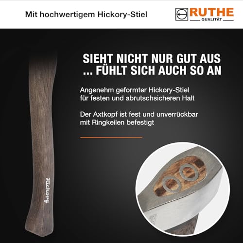 RUTHE Beil Hickory 600 g | Profi-Tool für Garten & Wald | Geschmiedet Gehärtet | DIN 5131B VPA/GS Geprüft | Ergonomischer Stiel | Gala-BAU Qualität
