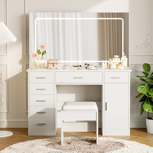 Vanity with Chair and Mirror and 7 Drawers Storage, White Makeup Vanity Desk with Lights, Vanitys Set with 3 Light Mode and Brightness Adjusted, Make Up Table with Hairdryer Holder for Bedroom by GAOMON - Image 8