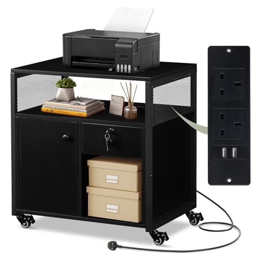 Image of LEMROE Mobile File Cabinet with Lockable Drawer, Industrial Style Office Filing Cabinet with Charging Station and Open Shelf, Durable Printer Stand for Home Office, Black