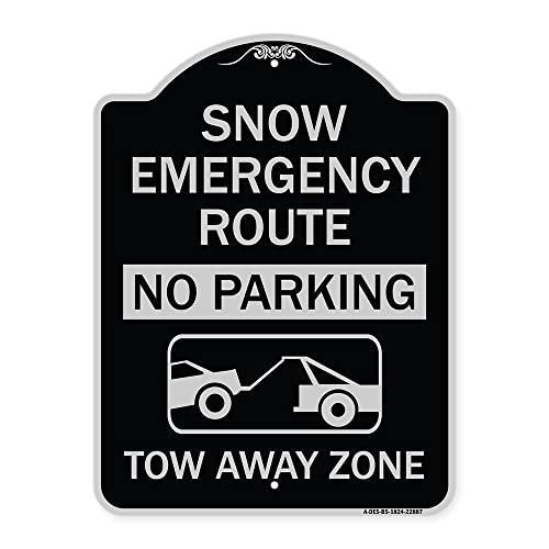 SignMission Designer Series Sign - Snow Emergency Route, Tow Away Zone with Graphic | Black & Silver 18" x 24" Heavy-Gauge Aluminum Architectural Sign | Made in The USA