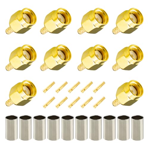 Boobrie 10-Pack RP-SMA Crimp Connector RPSMA Male RF Crimp Solder Attachment Straight Adapter 50 Ohm Gold Plated for RG174 RG316 RG188 RG188A LMR100 Coaxial Cable