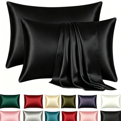 Luxury Satin Pillow Case 2 Pack Pillowcase for Hair and Skin Satin Pillow Covers with Zipper Closure (King(20"x36"), Black)