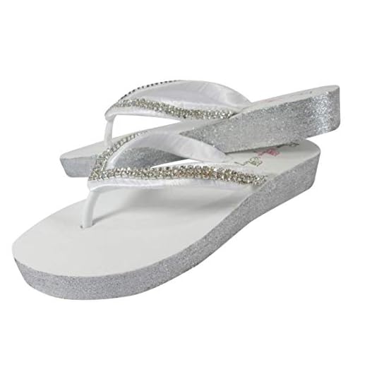 Flip Flops in Silver and White Diamond Rhinestone Low Wedge Heel