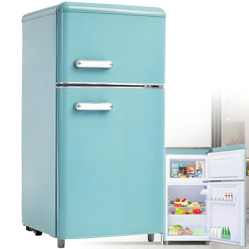 Combinación frigorífico-congelador retro: Dos puertas, 86,8 cm de alto, 45,5 cm de ancho, frigorífico pequeño de 60 litros de volumen total, silencioso, 120 kWh/año,Blue
