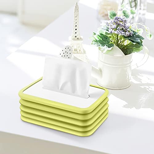 Silicone Tissue Box Holder, Foldable Rectangular Tissue Box Cover Free-Retractable Facial Tissue Dispenser Box for Table Dresser Living Room Bathroom Bedroom Office (Green)