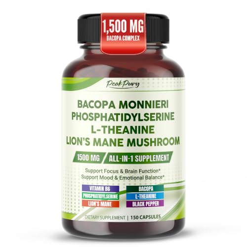 PeakPury Bacopa 1500 mg Supplement with Phosphatidylserine, L-Theanine, Lion's Mane - 150 Capsules for Cognitive Support