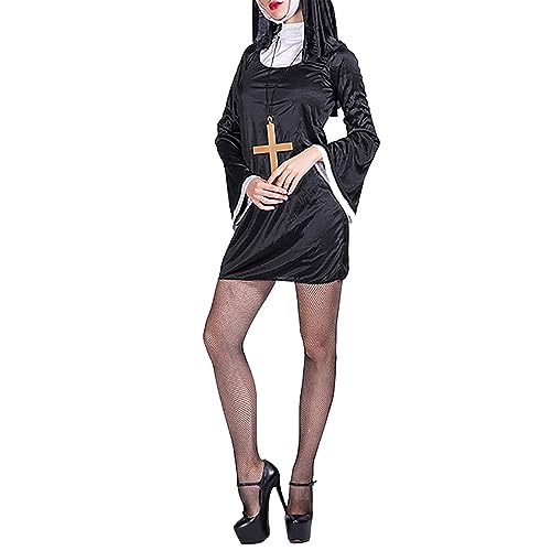 Disfraz de falda de monja para Halloween, minifalda, vestido sexy, vestido de mujer, ropa ajustada, vestido de cosplay, vestido festivo, disfraz de Halloween con abertura, Negro , L