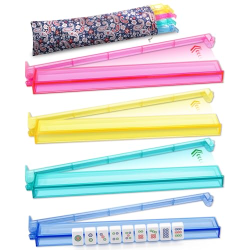 QIMIALOL Colored Mahjong Racks with Pushers and Bag, Set of 4 All-in-One Mahjong Pushers and Racks American Mah Jong Accessory for Game Night Holiday Family Gathering Camping or Travel