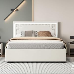 Queen Size Upholstered Bed Frame with 4 Storage Drawers and Classic Headboard, Square Stitched Design, Linen Fabric Platform Bed with Strong Wooden Slats, Queen Bedframe No Box Spring Needed