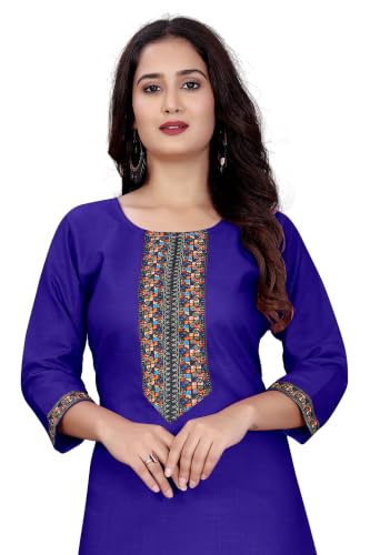 Image of Women A-line Cotton Blend Round Neck 3 /4 Sleeve Embroidered Kurti Only