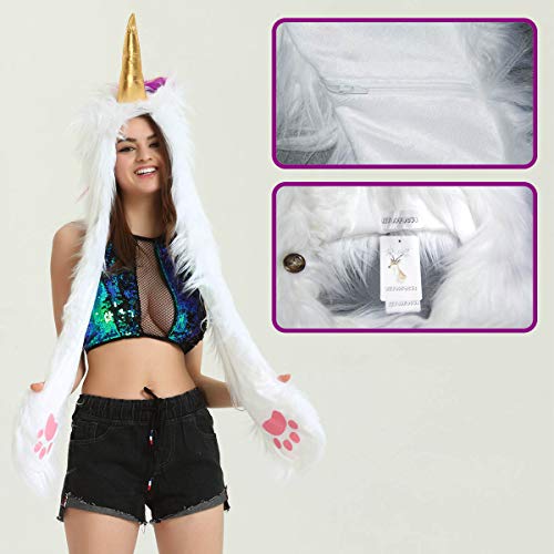 Silly Unicorn Hat For Women Animal Hood Scarf Mittens Novelty Faux Fur Hoodie Dresses Unicorn White Rave Hat (White Unicorn) #TOP4