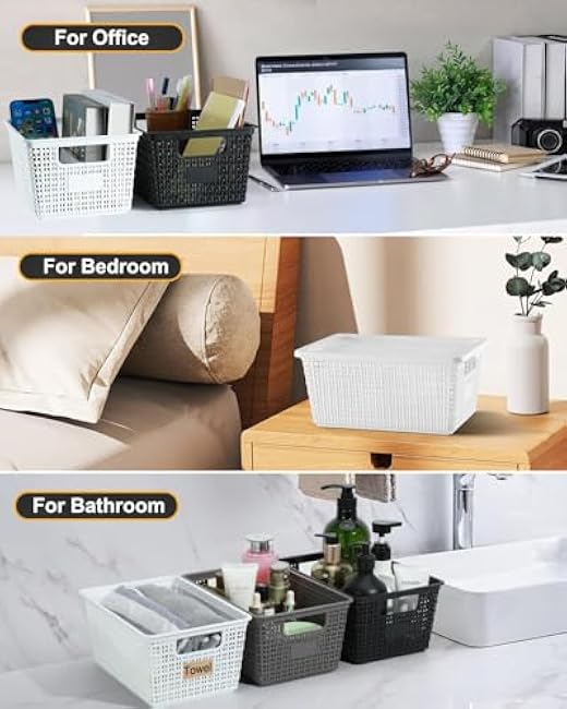 Plastic Storage Baskets with Lids - Stackable Storage Bins Small Container for Livingroom,Pantry,Closet,Classroom, Office Home Storage and Organization, 6 Pack, White